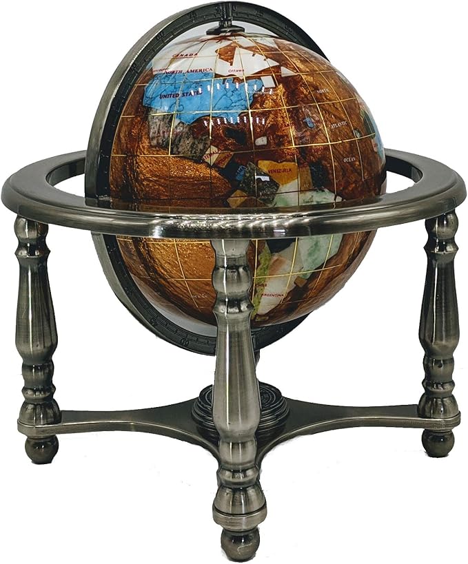 Unique Art 10-Inch Tall Table Top Amber Pearl Swirl Ocean Gemstone World Globe with Silver Zinc Alloy Stand (150 GB Amber Silver)