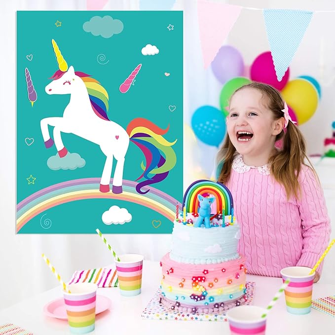 FEPITO Pin The Horn on Unicorn-game for Kids Birthday Party Game with 24 Horn Stickers Birthday Poster for Kids Unicorn-Birthday Girls Rainbow Party Favors Supplies Decoration Home Wall Decor Backdrop