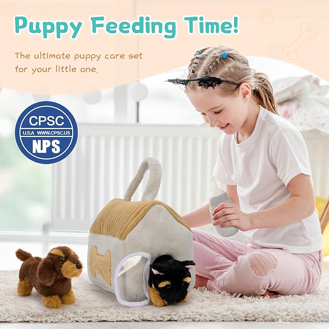 Muiteiur 8-Piece Dog House Plush Set, 9.8 Inch Plush Dog House Set with 4 Puppies, Magic Gate, Bottle, Bed Pad & Bone, Interactive Pet Toy for Kids