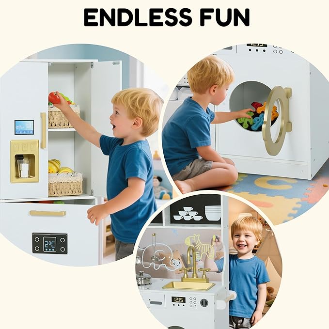 Play Kitchen Sets for Kids, Pretend Wooden Kids Kitchen Playset, Interactive Toy Kitchen with Freezer, Washing Machine, Ice Maker & Large Storage Space, for Boys Girls Ages 3+, White