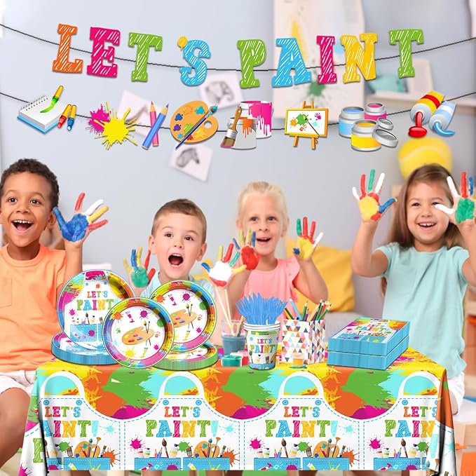 Paint Party Supplies, 142 Pcs Art Paint Party Tableware Set Include Paint Party Plates and Napkins,Art Tablecloths,Paint Banner,Cups,Art Birthday Party Decorations for Kid, Teens and Adults,Serves 20