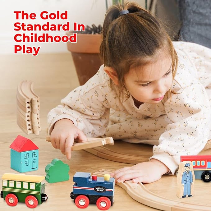 Wooden Train Set 100 Piece All in One Wooden Toy Train Tracks Set with Magnetic Trains and Railway Accessories, Comes in A Clear Container, Compatible with All Major Brands
