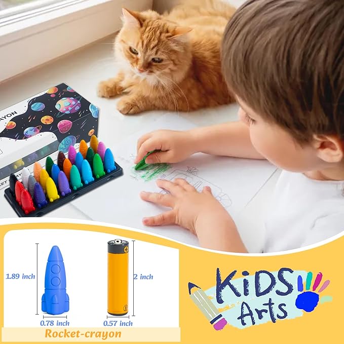 12 Colors Crayons for Toddlers, Non-Toxic Washable Rocket Crayons, Easy-to-Hold Coloring Gifts & Mess-Free Art Supplies for Little Hands