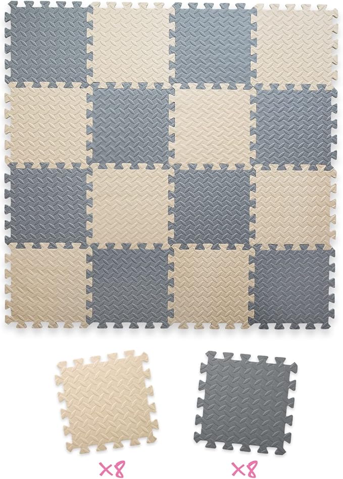 16 Tiles Foam Play Mat for Baby, Soft & Safe EVA Foam Mats for Floor, Square Baby Play Mat, Solid Colored Kids Foam Puzzle Floor Mat, 47x47 Play Mat for Playpen(Beige/Gray)