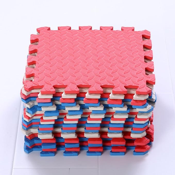 Foam Play Mat for Baby, 0.4 Inch Thick Foam Interlocking Floor Mats, Soft Non-Toxic Baby Playmat, Solid Colored Puzzle Play Mat Kids Floor Mats for Toddler, 16 Tiles(White/Red/Blue)