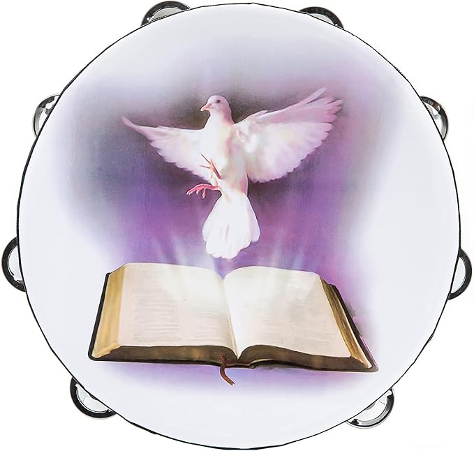 Tambourine 10 inch Dove Bible Double Row Jingle Tambourine for Adults,Handbell Clap Drum Tambourines for Pray Church Party Musical Instrument (10 inch Dove)