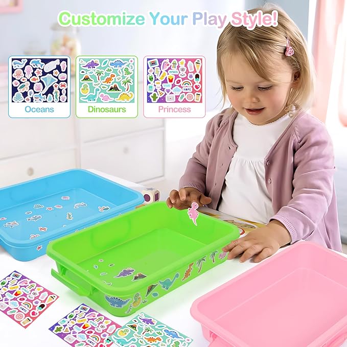 3 Pcs Sensory Bin Sand Tray with Lid & 3 Stickers, Stackable Plastic Storage Containers, Portable Sandbox Toy, Organizers for Toys, Sand, Arts, Crafts (Blue, Green, Pink)