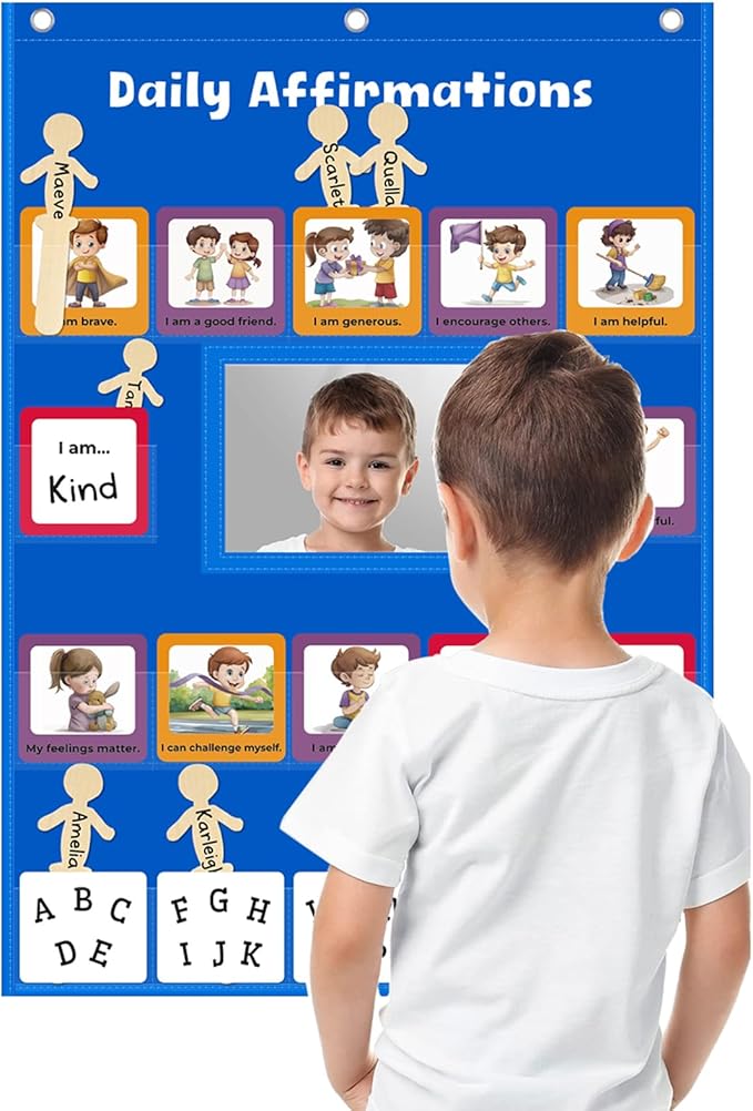 Daily Affirmations for Kids Pocket Chart with Mirror Large Pocket Chart for Classroom, Mindfulness Affirmation Mirror for Toddler with 47 Cards Calm Down Corner Supplies (Blue)