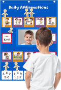 Daily Affirmations for Kids Pocket Chart with Mirror Large Pocket Chart for Classroom, Mindfulness Affirmation Mirror for Toddler with 47 Cards Calm Down Corner Supplies (Blue)
