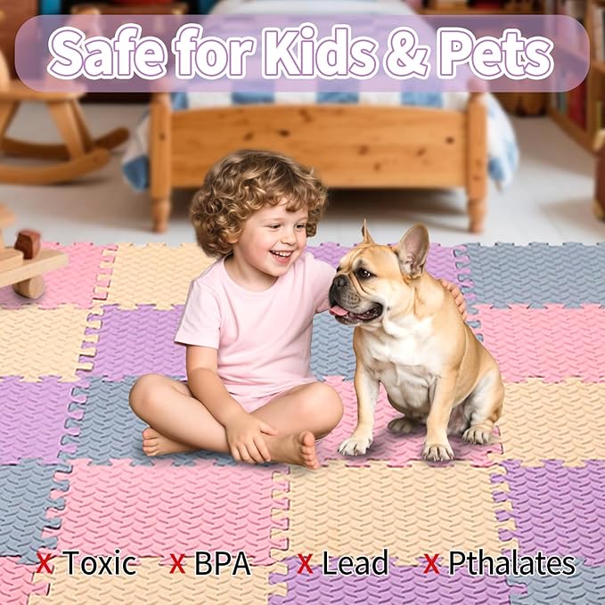 Foam Play Mat for Baby, EVA Non-Toxic Interlocking Floor Mats, Solid Colored Foam Puzzled Floor Mats, Baby Play Mat Exercise Mats, 16 Tiles(Beige/Pink/Purple/Gray Blue)