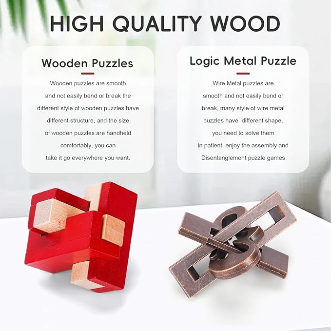 17 Pcs Brain Teaser Puzzles for Adults Teens - Metal Puzzles 3D Puzzle Game Toys for Adults Teens - Wooden Unlock Interlocking Puzzle Adult IQ Education Smart Toy