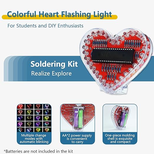 EIELE Soldering practice kit 7-colour heart-shaped LED running light Various changing modes automatic switching Soldering practice Suitable for school teaching and beginner learning Soldering required