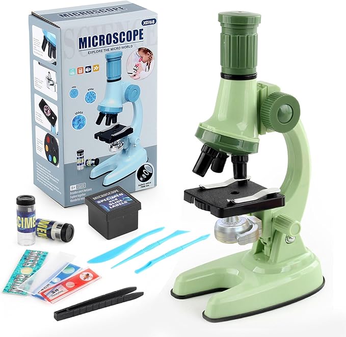 XD508 Microscope for Kids - 100X 600X 1200X Beginner Microscopes kit with LED Light, Science Educational Gift and Toy for Boy&Girl Birthday Halloween Christmas（Green）