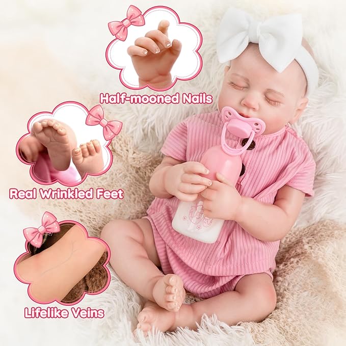 Jirachi Realistic Reborn Baby Dolls, 18 Inch Real Life Full Body Vinyl Sleeping Baby Girl, Newborn Lifelike Reborn Baby Dolls with Pink Clothing Set