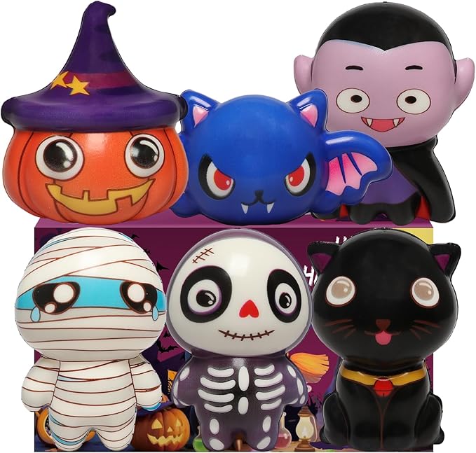 New 6 Packs-Halloween Squishies Toys Slow Rising, Gift Box Includes Pumpkin, Vampire,Black Cat,Mummy,Human Skeleton, Bat, Halloween Soft Stress Relief Toys for Girls,Boys,Kids Party(6pcs-4)