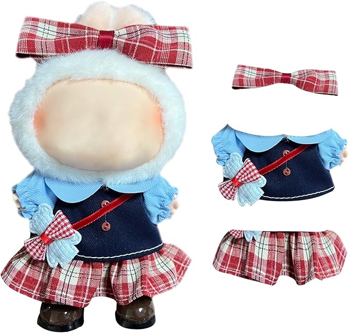 17cm Clothes Set, Cute Hat Unique Pocket Design Overalls Dress up Set(NO Doll), Handmade Clothing Designed for 17cm Doll (Red Lattice)
