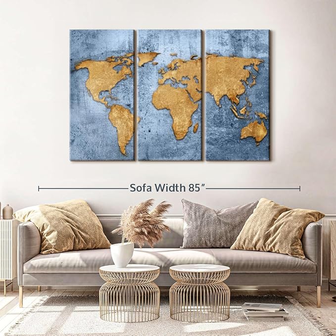 ElephantStock Azure World Map Wall Art Multi Piece Canvas - 3 Panel Wall Decor - Map of the World Art - Canvas for the Office and Home - 65" X 42"