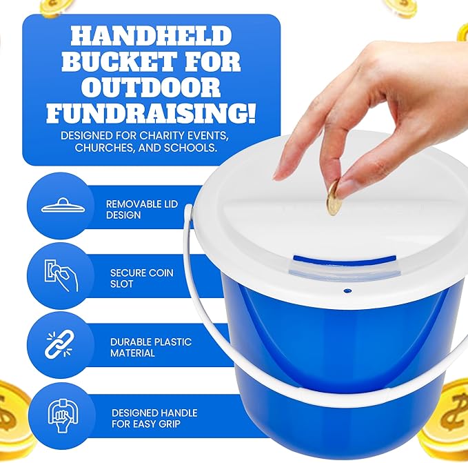 Plastic coin collection Bucket with removable lid and handle charity donation collection money box pail for fundraising with top slot for tickets raffles and money 7.5"Hx8.3"Diameter(multicolor)4 pack