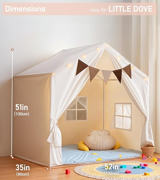 Kids Tent, Play Tent with Star Lights, Large Play Tents with 2 Windows, Kids Playhouse Indoor & Outdoor, Reading Nook, Christmas Toddler Tents for Girls & Boys, 52" x35" x 51", Cream