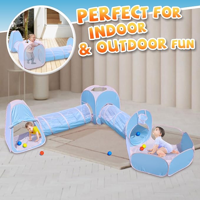 Action Air Kids Play Tent Set with Tunnel and Ball Pit, 5-in-1 Pop Up Playhouse for Toddlers 1-3, Blue