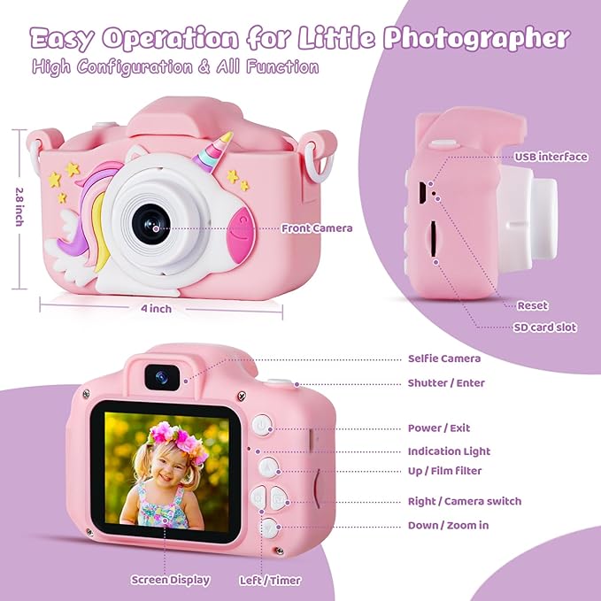 X5 Kids Digital Camera, Pink, Unisex, 32GB SD Card, 8X Digital Zoom, Auto Focus, Cute Frames, Film Filters, Easy to Use, Durable Design
