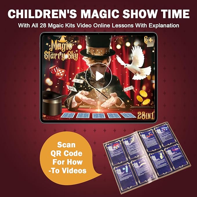 Magic Kit for Kids 28 in 1 Magic Tricks Set Age 6-8 to Perform with Step-by-Step Video Instructions for Each Trick from Professional Ages 6+