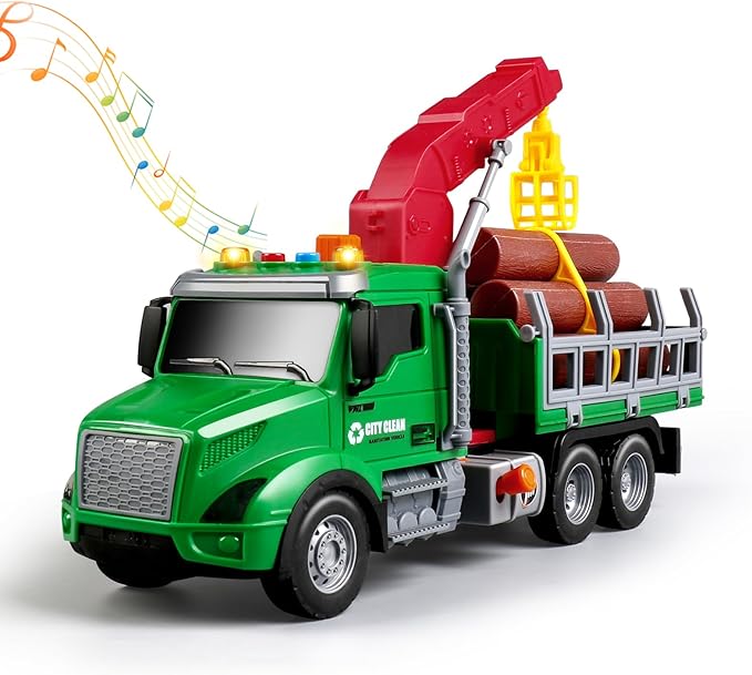 Kids Toys for 3 4 5 6 Year Old Boys,Farm Logging Truck Toy with Loading Crane and 6 Trunks, Lights&Sounds,Friction Powered Truck Kids Birthday Gifts for Boys Girls