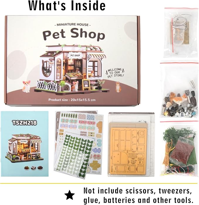 DIY Miniature House Kit,Pet Shop Dollhouse Miniature Kit with LED & Furniture,Mini Diorama House Building Kit for Adults Teens,3D Wooden Crafts Tiny House Mini Model Kit,Home Decor Birthday Gifts