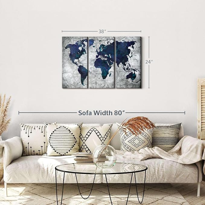 ElephantStock Deep Blue World Map Multi Piece Canvas - 3 Panel Wall Decor - Map of the World Art - Canvas for the Office and Home - 38" X 24"