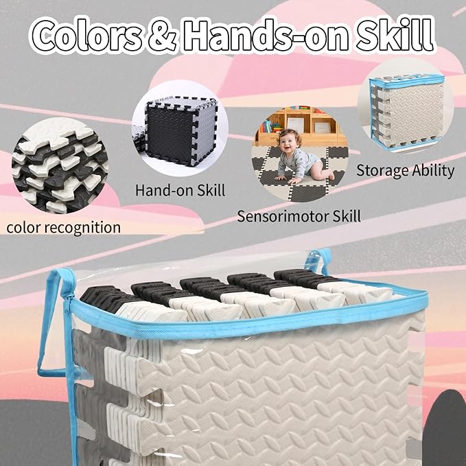 Foam Play Mat, 0.4 Inch EVA Soft Non-Toxic Baby Playmat, Interlocking Floor Mats, Solid Colored Foam Puzzled Floor Mats, Baby Play Mat Exercise Mats, 16 Tiles(White/Black)