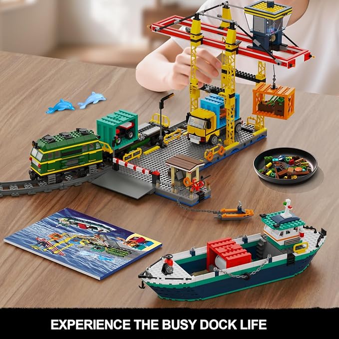 HOGOKIDS City Wharf Building Set with Crane - Includes Ship Train Truck, 4 Containers with Cargo Harbor Building Blocks | Large Construction Toy for for Adults Teens Kids Girls Boys 6-14+（1373PCS）