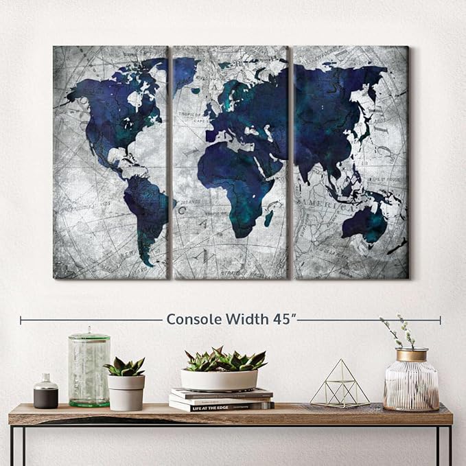ElephantStock Deep Blue World Map Multi Piece Canvas - 3 Panel Wall Decor - Map of the World Art - Canvas for the Office and Home - 38" X 24"