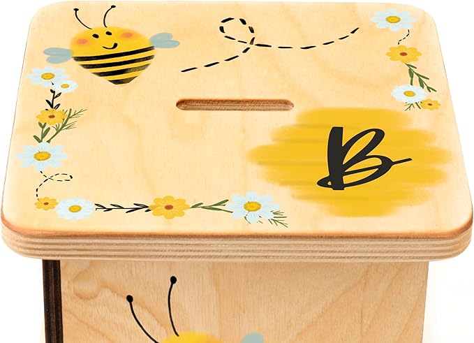 Wooden Piggy Bank for Kids and Adults, Personalized Gift Handmade in USA by BloomOwl, Custom Piggy Bank, Personalized Banks for Kids, Gifts for Baby Boys and Girls (Bee)