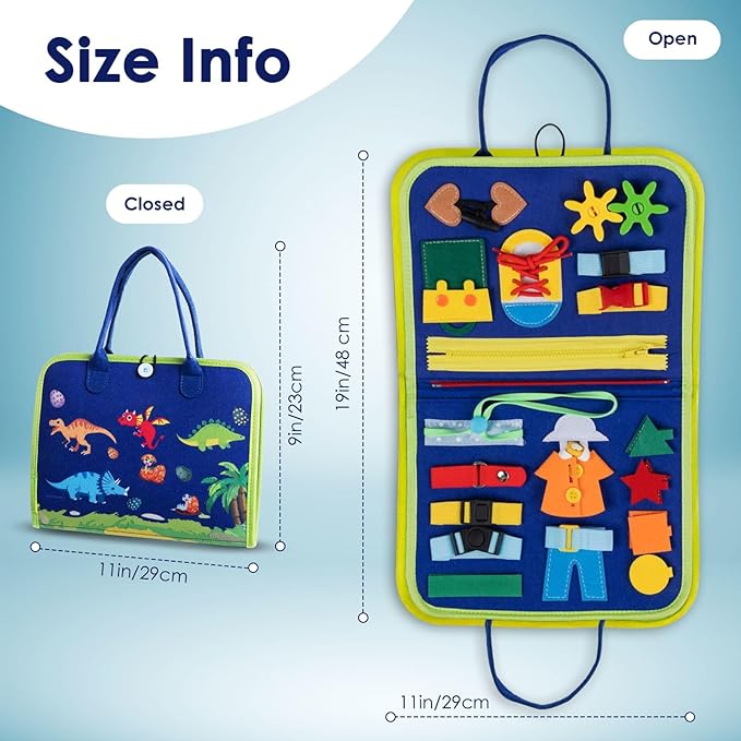 Busy Board Montessori Sensory Toy Travel Educational Book Kids 2 3 4 Years Toddler Fine Motor Skills Preschool Activities Clock Buckle Zipper Buttons Learning Gift Portable Carry Case