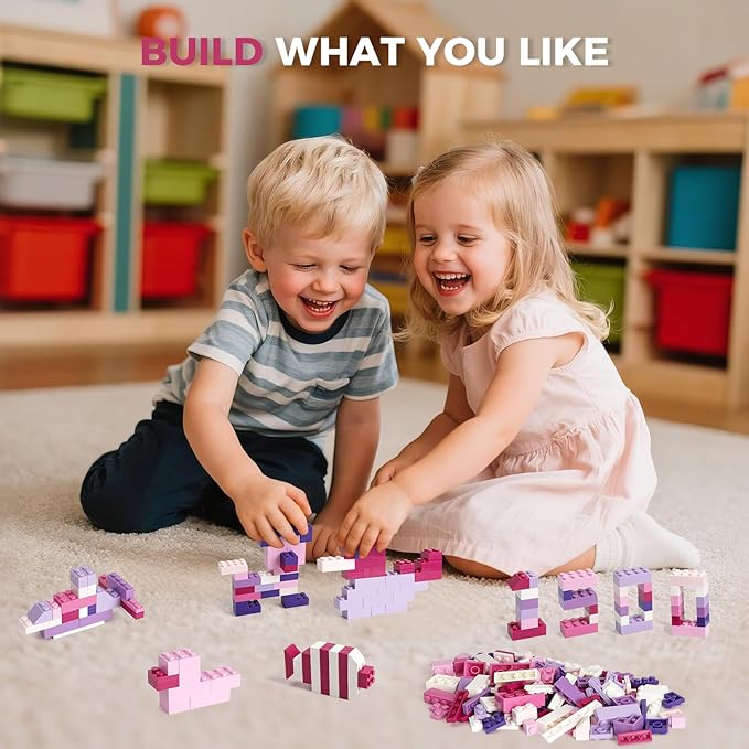 1500 Pieces Building Bricks, Building Bricks Set for Girls Age 6-7-8-12, Classic Bulk Small Blocks, Blocks Set (Pink Purple White)