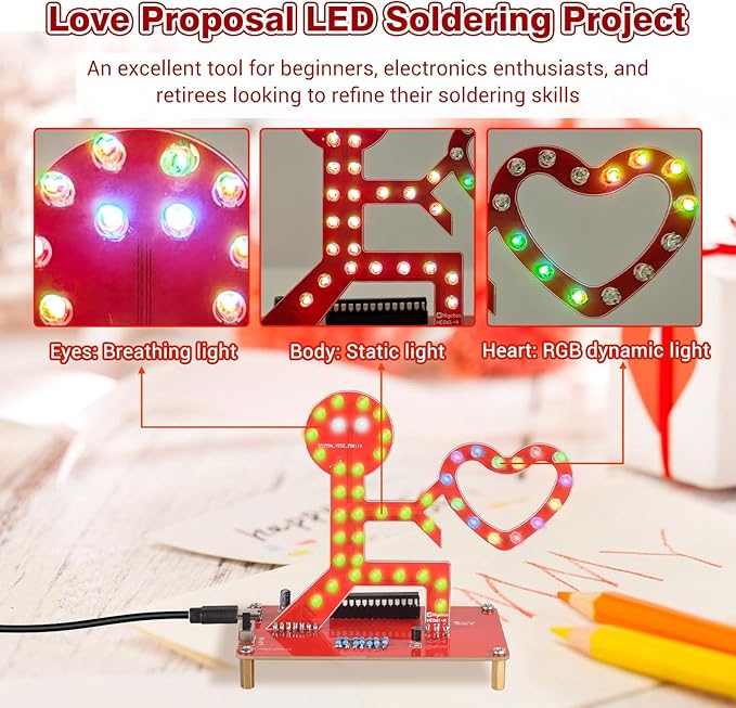 Soldering Learning Kit, ICSTATION Give You My Heart LED Soldering Project Love Proposal RGB LED Light Soldering Practice Kit for Beginners Diyers Student Education and Perfect Present for Father's Day