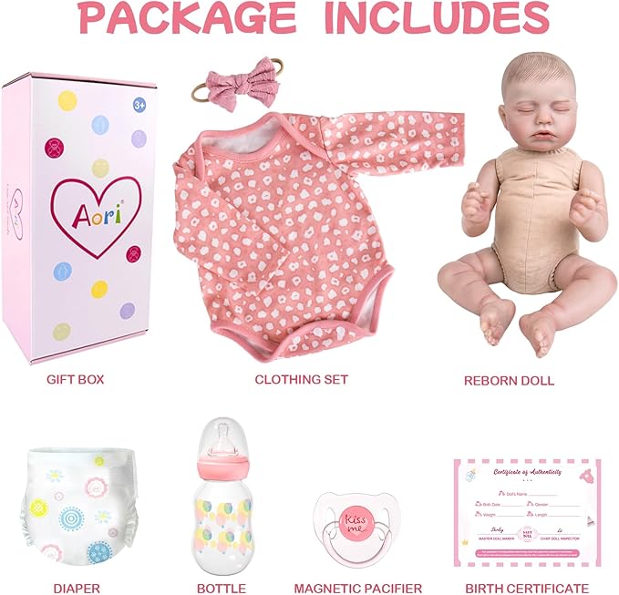 Aori Realistic Reborn Baby Doll - 20" Lifelike Newborn Girl with Weighted Cloth Body, Packed with Bottle, Pacifier & Outfit Set for Kids & Collectors