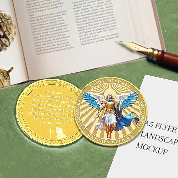 Saint Michael Watches Over Us Challenge Coin – Zinc Alloy Commemorative Coin – 3D Engraved Pocket Token Medallion for Collectors – Veterans Law Enforcement Military Police First Responder Gift