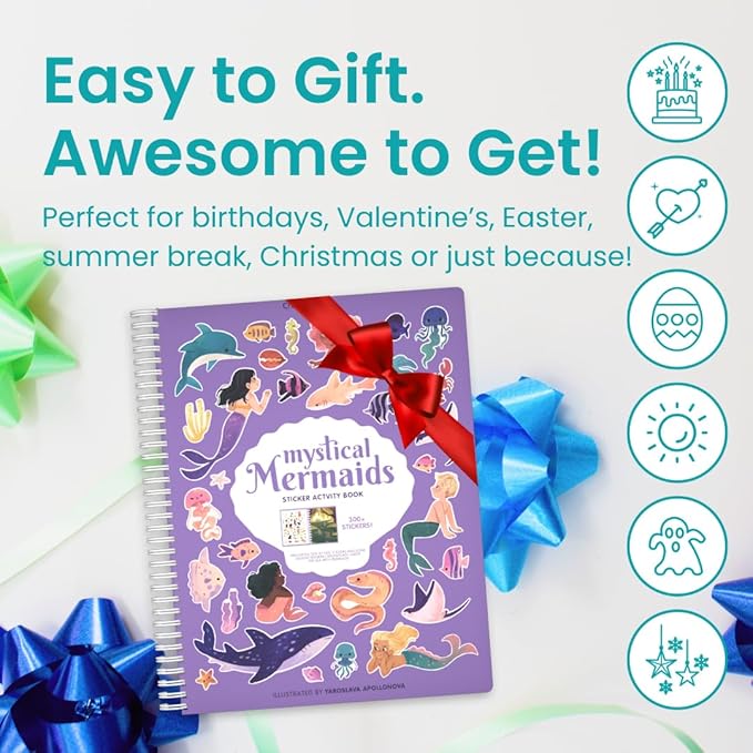 CUPKIN Mermaid Stickers, Toddler Sticker Book for Kids, Fun Toy, Toddler Road Trip Essentials, 300+ Girly Stickers + 8 Sticker Scenes and Coloring Pages, Mermaid Stickers Ages 2+