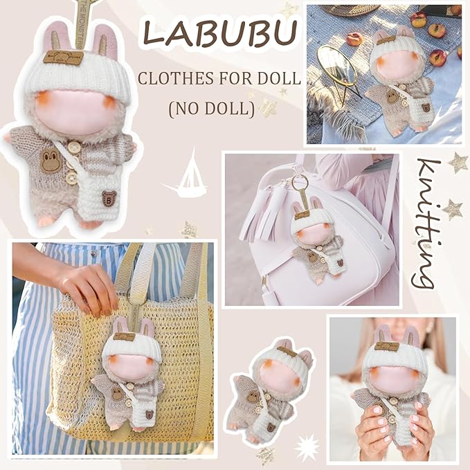 Clothes for 17cm Dolls Accessories Crochet 3 Piece Set Outfits for Doll(Beige Sweater)