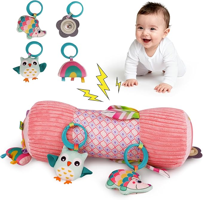Inflatable Baby Tummy Time Toys Pillow for Newborn, Montessori Baby Sensory Toys Roller with Detachable Mirror, Squeaker, Teether & Rattle, Help with Early Development 3-6 Months (Unicorn)