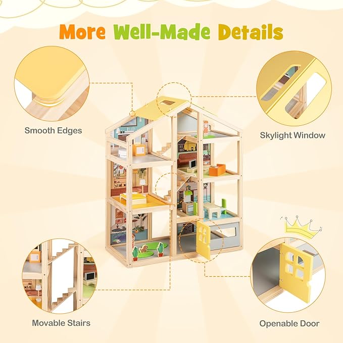 HONEY JOY Doll House, Wooden Dollhouse Playset w/7 Rooms, 21 Accessories & Miniature Furniture, Pretend Play Toys Kit, 2.46 Feet Big Doll House, Christmas Birthday Gift for Girls Boys Age 3+