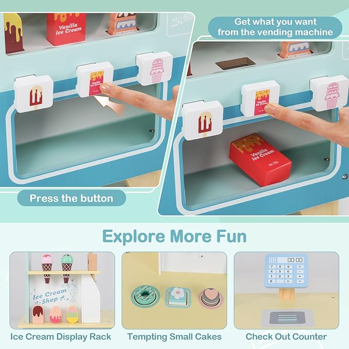 Costzon Ice Cream Cart, Wooden Grocery Store w/Vending Machine, Play Food, Display Rack & Shelves, Swivel Wheels, Push Handle, Ice Cream Truck, Market Stand Pretend Playset for Kids Ages 3+ (Green)