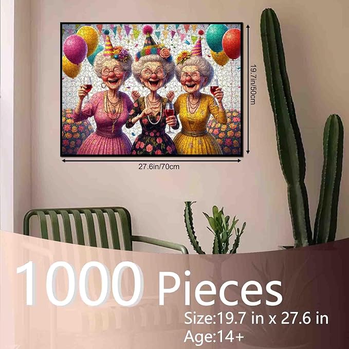 Three Grandma Jigsaw Puzzle 1000 Pieces for Adult Birthday Party Puzzles for Challenging Family Activity Games DIY Handwork Elderly Lady Art Puzzle Home Wall Decoration Unique Gifts 20x27 Inches