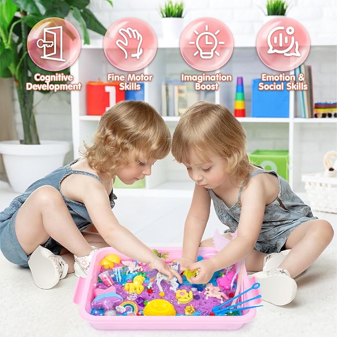 snookids 162Pcs Sensory Bin Magic Sand with Natural Beeswax 690g, Play Sands, Sensory Toys 24 Molds, 3 Unicorns, Sandbox with Lid, Educational Toys and Christmas Gifts for Children 3+