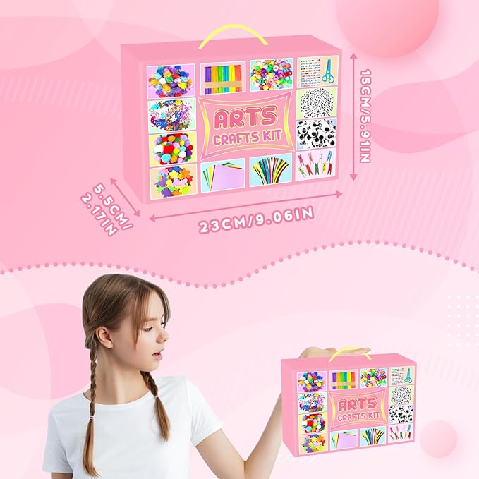 2000 PCS Arts and Crafts Supplies for Kids All-in-1 Craft Kit with Pipe Cleaners Craft Box Set DIY Crafting Supply School Supplies Toys Gifts for Girls Boys Ages 4-6, 6-8, 8-12, Pink