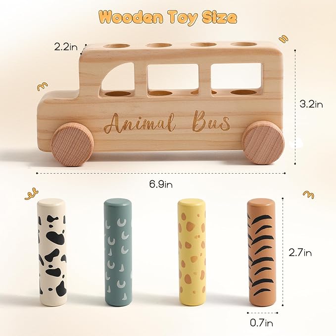 Wooden Pop Up Toys for Babies | STEM Montessori Toys Color Animal Bus for Toddlers | Preschool Learning Toddler Educational Gifts for Kids Boys Girls | Baby Toy Games