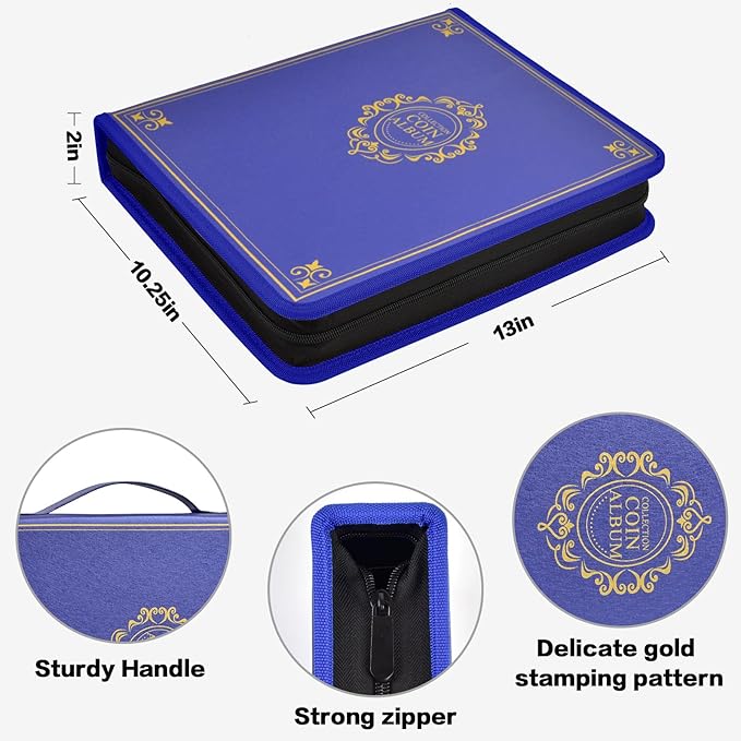 Coin Collection Book Holder for Collectors, 200 Pockets Coins Collecting Album & 30 Sleeves Paper Money Display Storage Case for Currency Collection Supplies (200+30 paper money binder)-Blue