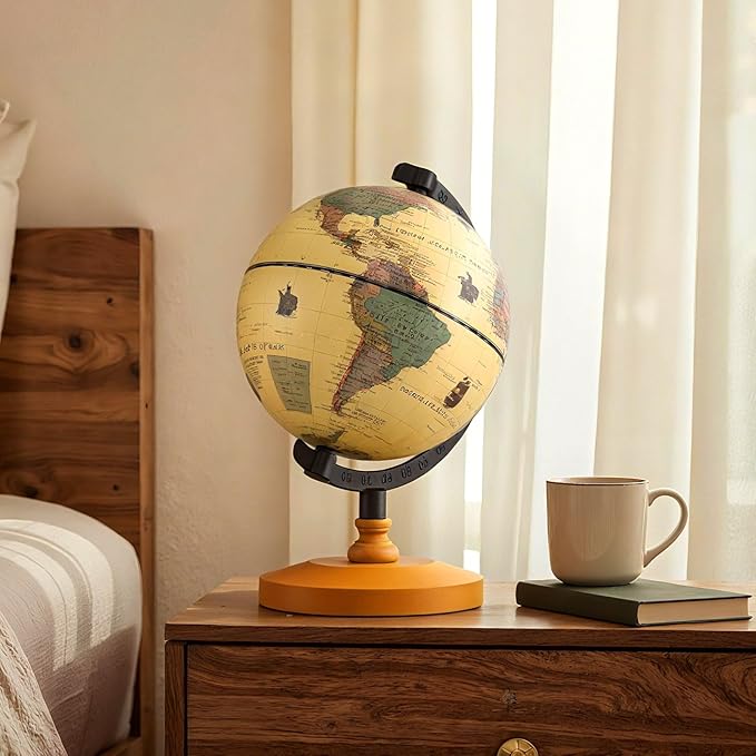 COSTWAY Antique Globe Dia 5.5-Inch, Mini Rotating World Globe w/Wooden Base, Modern Map & Vintage Color, For Kids & Adults' Geography Educational Learning, Desktop Decoration for Home Office School