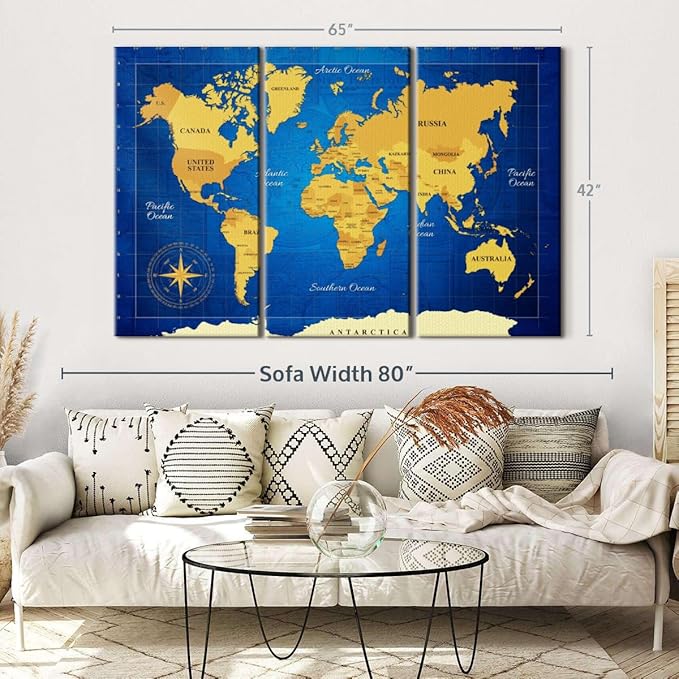 ElephantStock Yellow Longitude World Map Multi Piece Canvas - 3 Panel Wall Decor - Map of the World Art - Canvas for the Office and Home - 65" X 42"